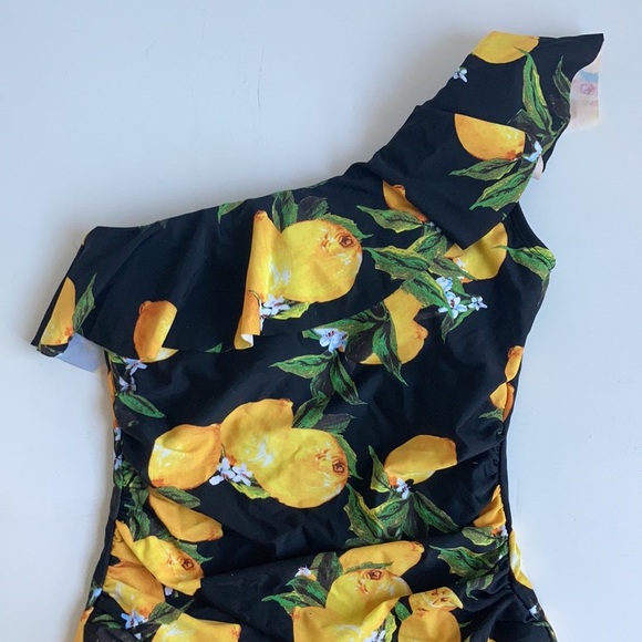 NWT Hilor black with lemons one ruffled shoulder one piece swimsuit ruched. - Picture 9 of 15